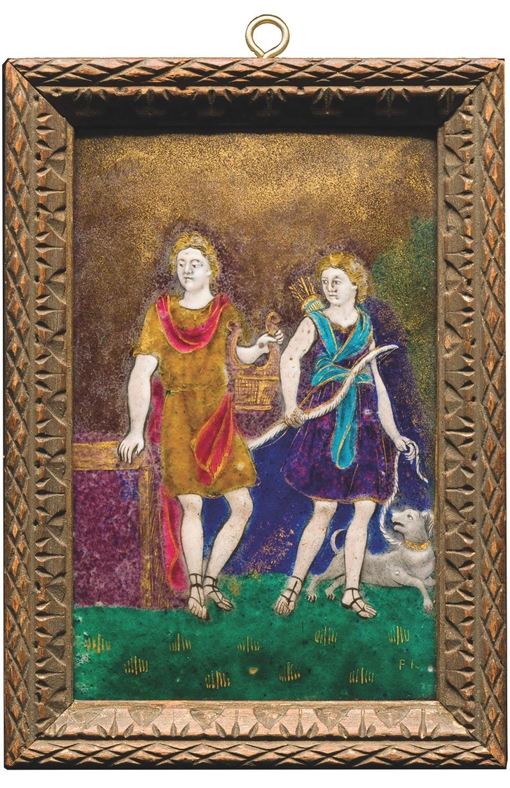 Аполлон и Диана-охотница. XVI–XVII века. Медная пластина, живописная эмаль, золото. | Источник: пресс-служба выставки