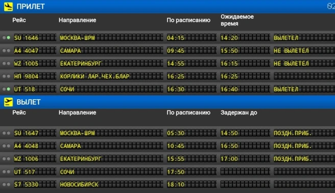Задержаны рейсы в Москву, Самару и Екатеринбург  | Источник: Онлайн-табло аэропорта Нижневартовска 