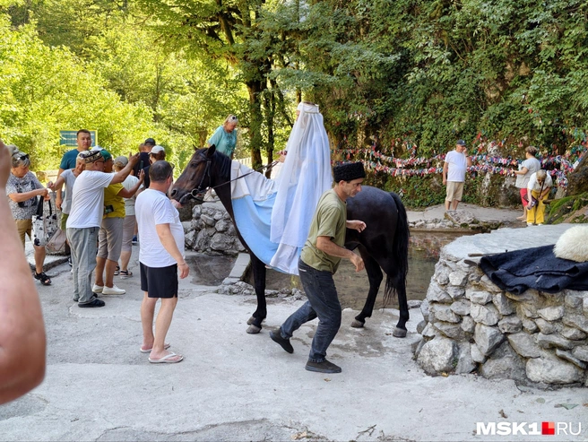 Туристов фотографируют на лошадях возле водопада Мужские слёзы | Источник: Дмитрий Бондарев / MSK1.RU