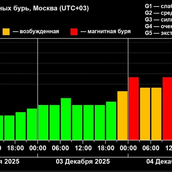 На пик магнитная буря выйдет после полуночи 4 декабря | Источник: xras.ru