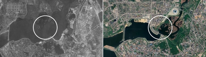 В 1957 часть Казани ушла под воду из-за строительства Куйбышевской ГЭС, а так затопленная часть выглядела в 1966-м | Источник: spymaps.space