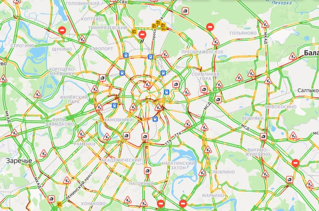 Москву сковали пробки 6 баллов в нетипичное время | Источник: Яндекс Карты