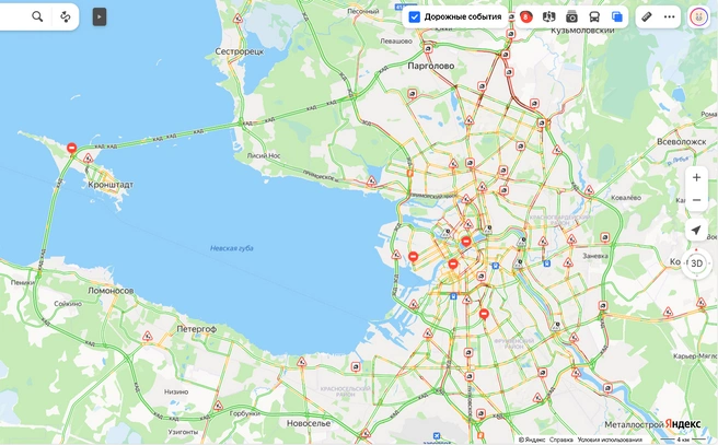 В Петербурге — 8 баллов. Центром пробок оказался север города, а юг удивил | Источник: «Яндекс.Карты»
