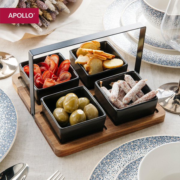 Набор менажниц из чёрной керамики на деревянной подставке для сервировки APOLLO «Alturo»