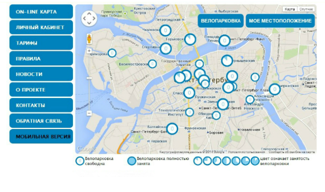 Интерактивная карта на сайте «Велобайк–СПб»