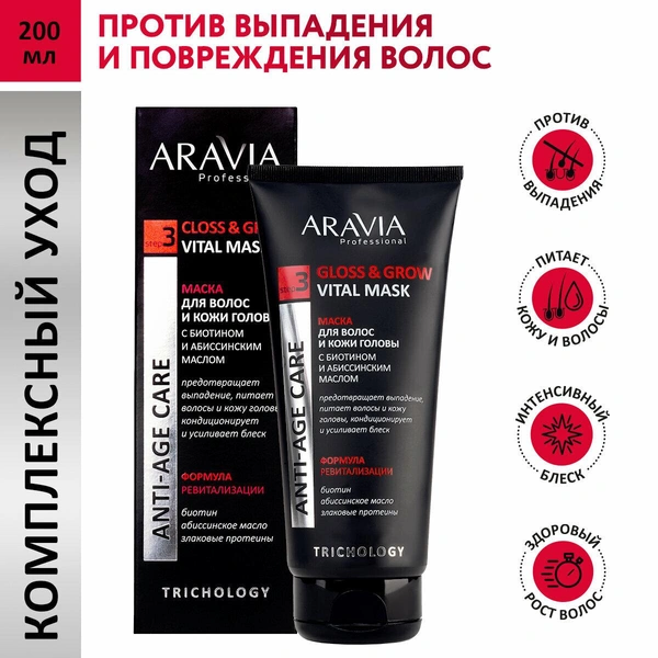 ARAVIA Маска для волос и кожи головы с биотином и абиссинским маслом Gloss & Grow Vital Mask