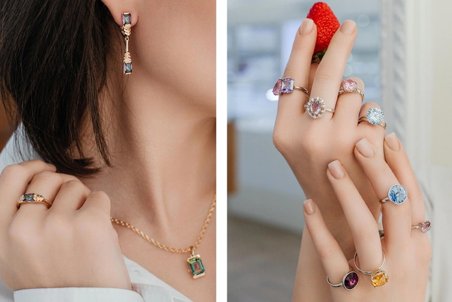 Массивные кольца с крупными камнями всевозможных оттенков&nbsp;— must have этой весны | Источник: Ксения Зимина