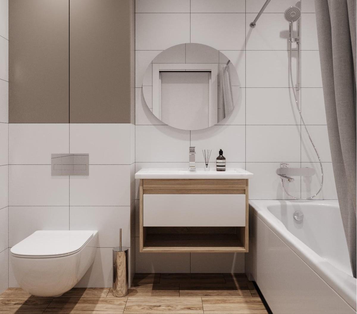 В санузлах смонтируют натяжной потолок, а пол и стены отделают плиткой Kerama Marazzi, установят унитаз, акриловую ванну с экраном и душевым гарнитуром и зеркало | Источник: Rodina Development
