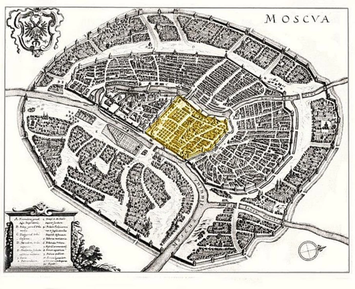 Китай-город (отмечен желтым) на карте Москвы работы Маттеуса Мериана, 1638 год | Источник: Wikimedia Commons