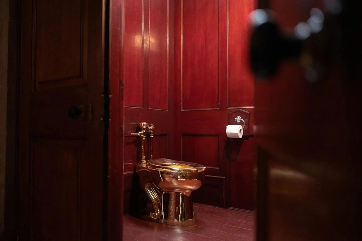 Золотой унитаз М. Каттелана из проекта «Америка» на выставке в Бленхеймском дворце, Великобритания. 2019 год (перед похищением). | Источник: Леон Нил