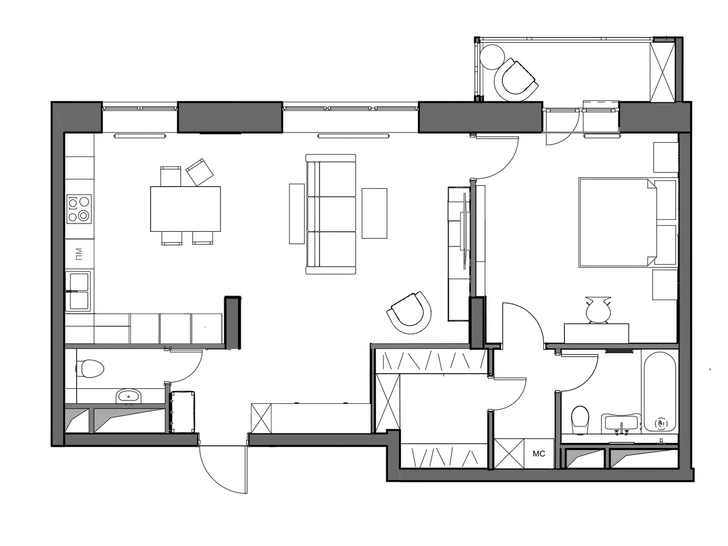 Квартира 78 м² со стальной мозаикой на кухне