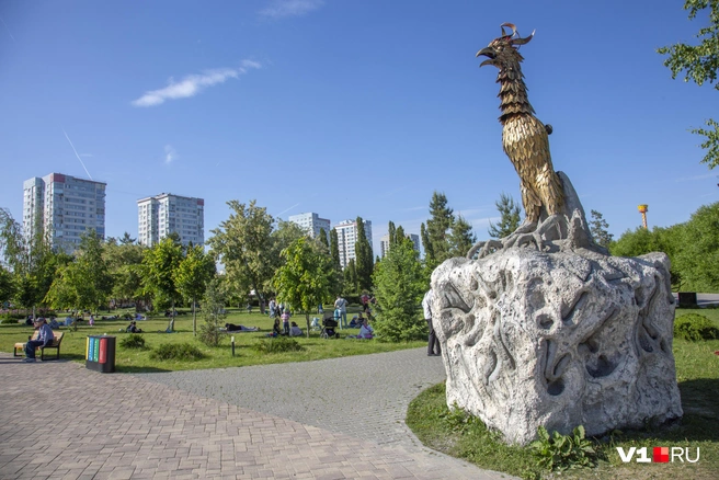 Горожане сообщают, что в центре ЦПКиО появился памятник золотому петуху, лапы которого замурованы в бетон | Источник: Константин Завриков / V1.RU