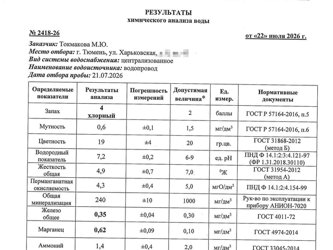 Результаты лабораторного исследования пробы воды из тюменской квартиры | Источник: Мария Токмакова / 72.RU