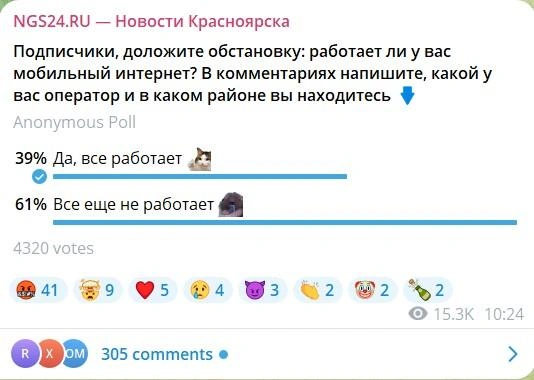 По данным опроса в нашем телеграм-канале, 30 июля интернет заработал лишь у трети пользователей | Источник: NGS24.RU — Новости Красноярска / Telegram