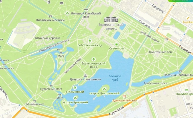 Так выглядит гидросистема Екатерининского парка на картах | Источник: 2Gis.ru