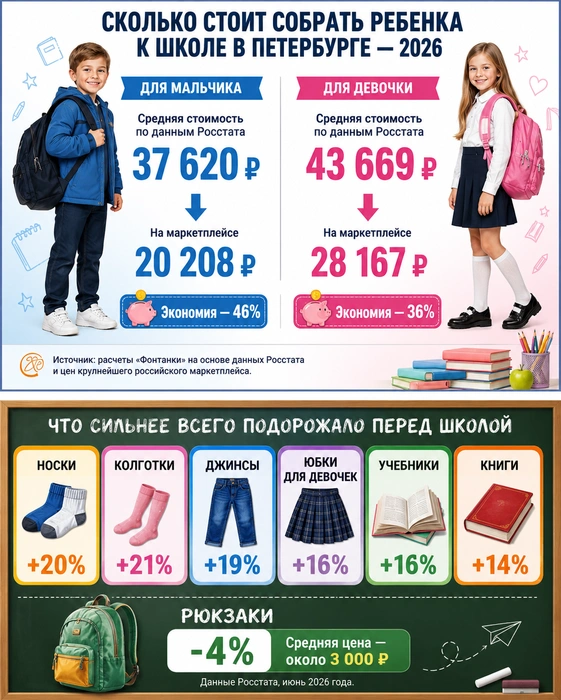 Цены на школьную одежду за год выросли на 6%, на канцелярию&nbsp;— на 12,6% | Источник: Сгенерировано ChatGPT по данным Росстата и маркетплейсов