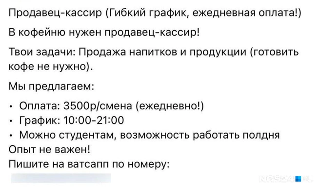 Такую вакансию публикуют в группе во «ВКонтакте» | Источник: Читатель NGS24.RU 