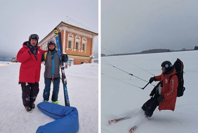 Самое приятное в этом деле — это снег. По нему можно ехать с меньшими нагрузками | Источник: Зимние путешествия на кайте по рекам Перми и края / Telegram