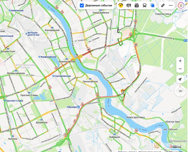 Движение по внешнему кольцу КАД в месте аварии почти восстановилось. На внутреннем — пробка из-за дорожных работ | Источник: «Яндекс.Карты»