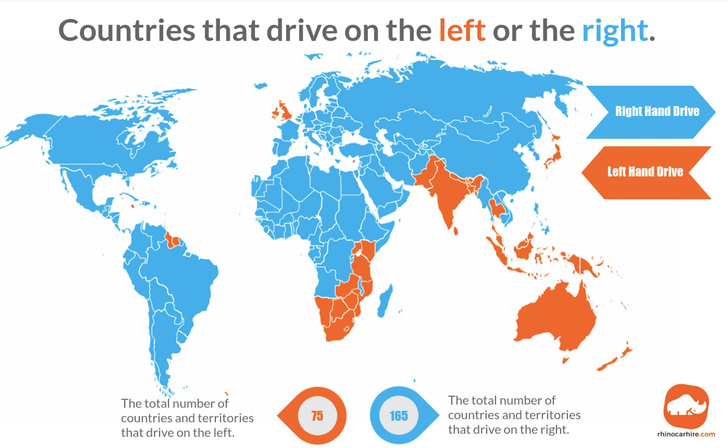 Карта: в каких странах правостороннее движение, а в каких — левостороннее