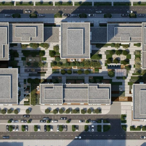 Так выглядит комплекс с высоты. Территория вокруг квартала будет открыта для всех, во двор же смогут попасть только жители | Источник: ГК «Брусника»