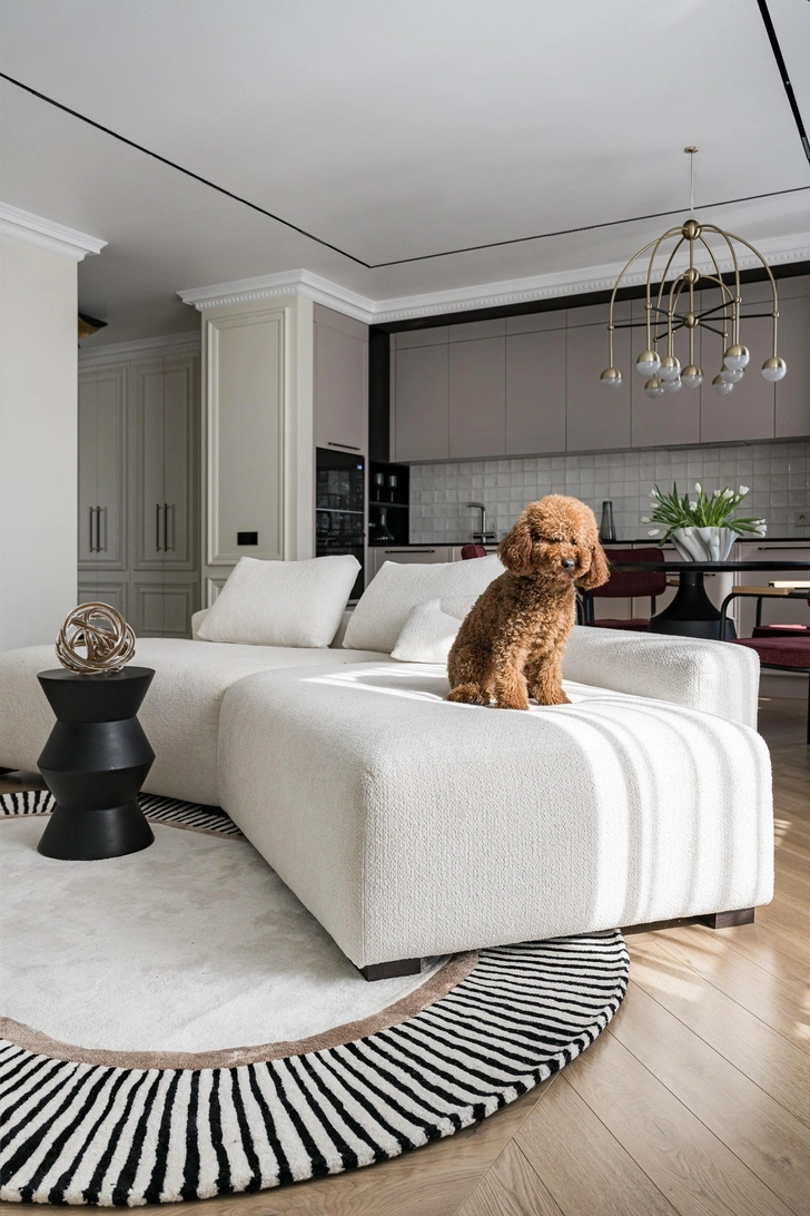 Диван сделан на заказ. Ковер, Carpet décor. Столик, La Redoute. На полу ламинат под французскую елочку, Czech building Materials (CBM). Молдинги и карнизы, Orac. | Источник: Наталья Горбунова; стиль: Елена Айчувакова 