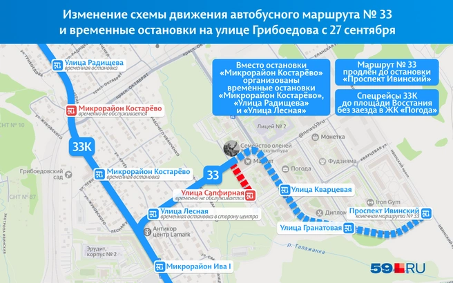 Из-за дорожной стройки изменили работу общественного транспорта | Источник: «Яндекс Карты»; Кирилл Хафизов / 59.RU
