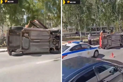 Четыре машины столкнулись в центре Новосибирска, Kia Rio перевернулся