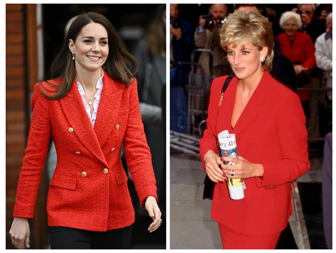 Кэтрин, герцогиня Кембриджская, во время посещения Копенгагенской программы охраны психического здоровья младенцев в Копенгагенском университете, 22 февраля 2022; принцесса Диана на запуске HIV/Aids London Lighthouse в Лондоне, 1990-е | marieclaire.ru