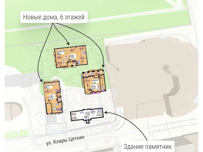 На схеме отмечено расположение будущих домов и восстанавливаемой школы | Источник: Филипп Сапегин / E1.RU