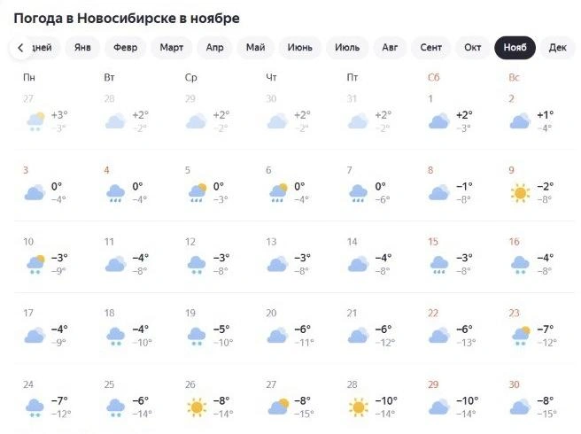 Во второй половине ноября возможно похолодание до -15 градусов | Источник: yandex.ru/pogoda