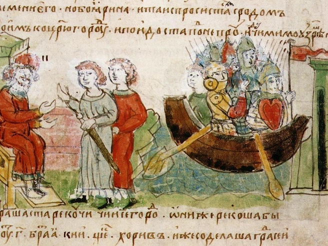 Миниатюра из Радзивилловской летописи XV века: легендарный варяжский князь Рюрик и его сподвижники. | Источник: Wikimedia Commons