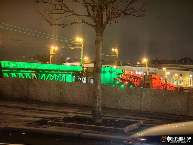 Дворцовый мост окрасился в цвета белорусского флага | Источник: Ксения Потеева / «Фонтанка.ру»