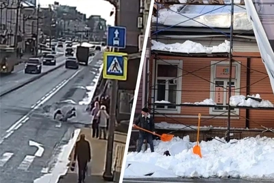 Видео обрушения снега на людей в Ярославле