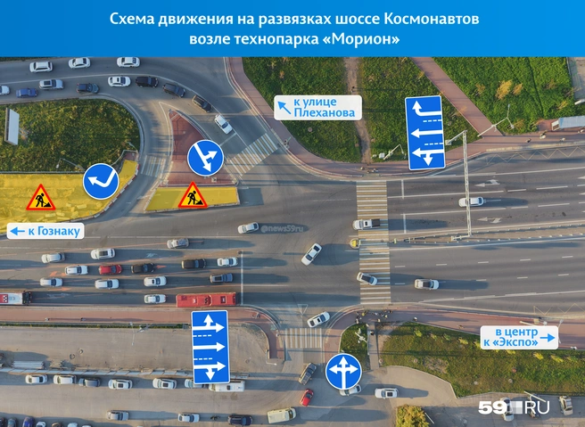 Схема движения на перекрестке шоссе Космонавтов с улицей Плеханова | Источник: Кирилл Хафизов / 59.RU