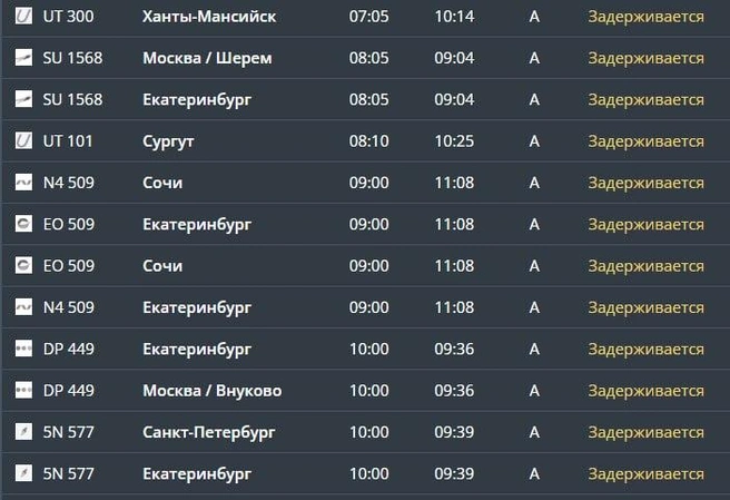 Задержано не менее 12 рейсов | Источник: Онлайн-табло аэропорта «Рощино»