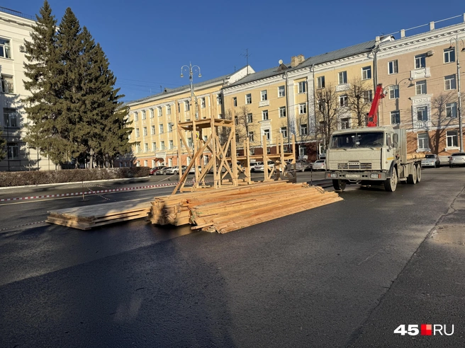 Собиают каркса елки  | Источник: Юлия Король / 45.RU