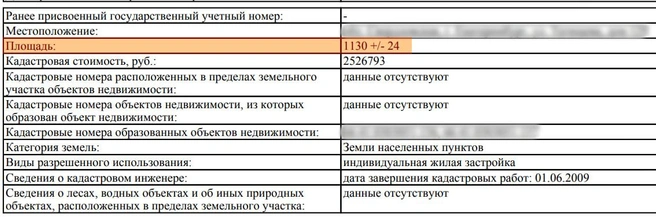 Если в выписке в строке о площади есть данные с +/-, значит, межевание на участке проведено. Если этих символов нет, нужно исправлять | Источник: Единый государственный реестр недвижимости