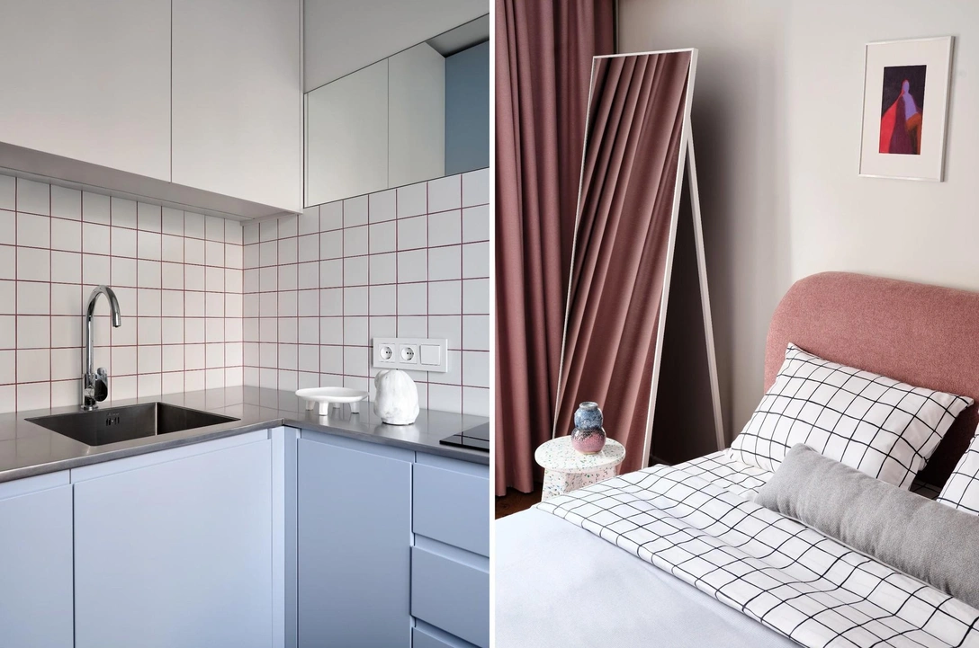 Розовая спальня и голубая кухня: квартира 38 м² для архитектора Алены Миллер в Москве | Источник: Арсений Игнатов. Стиль: Евгения Полещук