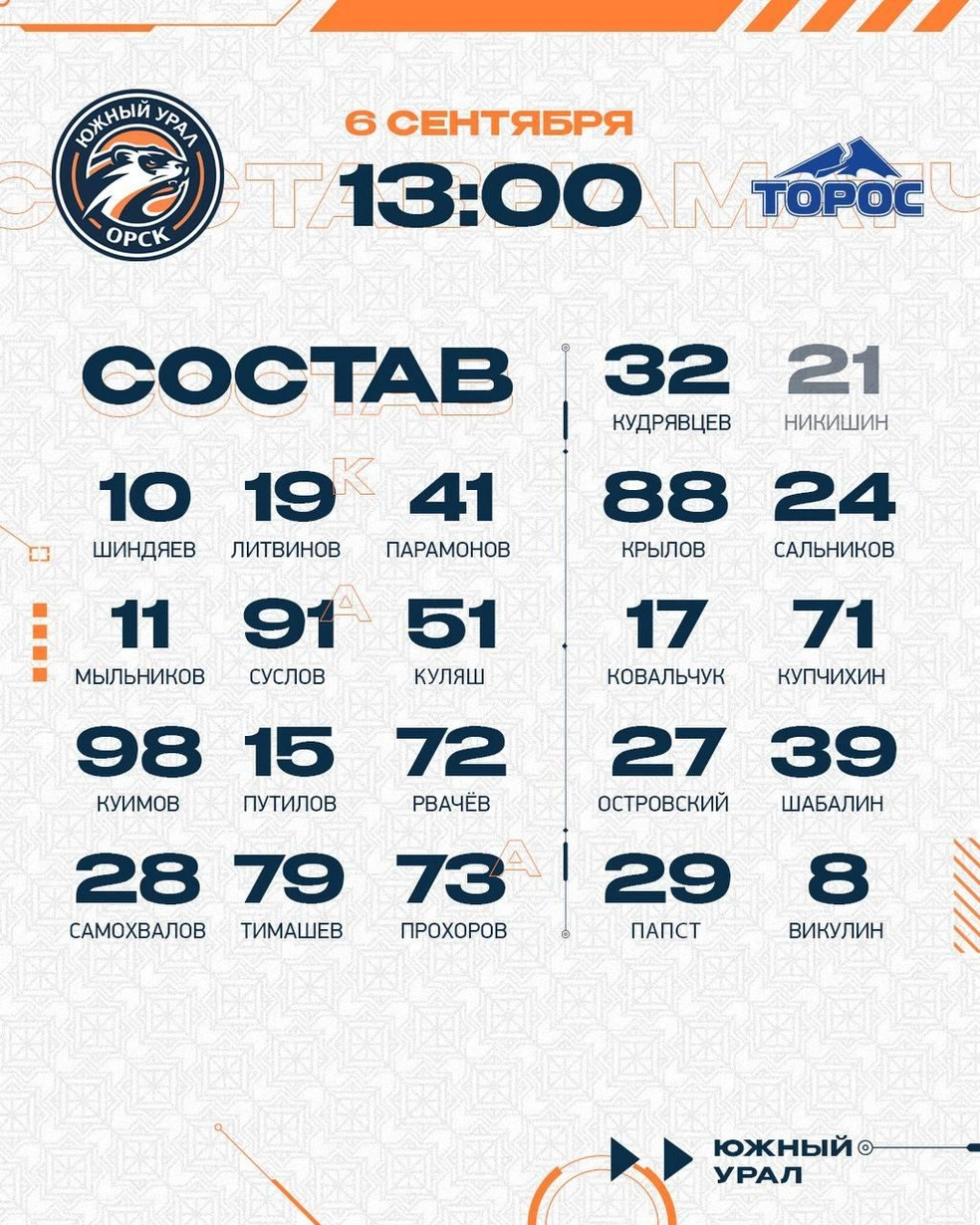 Стартовый состав | Источник: ХК «Южный Урал» Орск / t.me