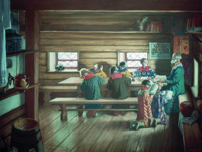 Картина Бориса Кустодиева «Земская школа в Московской Руси» (1907). | Источник: Wikimedia Commons