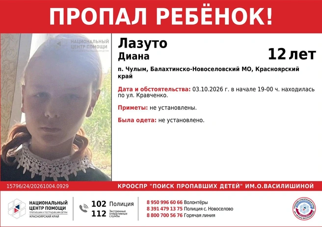 Пропавшая Диана Лазуто | Источник: «ПОИСК ПРОПАВШИХ ДЕТЕЙ» им. ОКСАНЫ ВАСИЛИШИНОЙ / Telegram