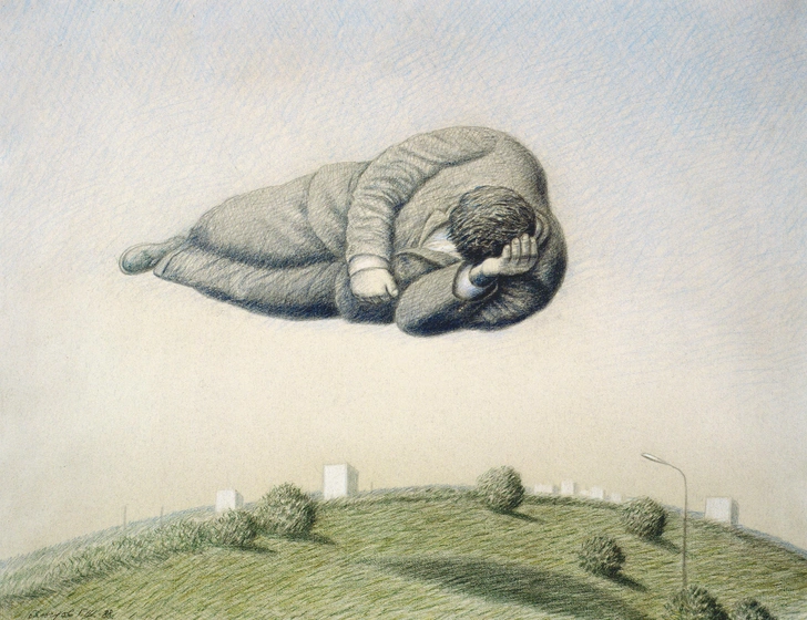 Гариф Басыров. «Полдень I». Из серии «Обитаемые пейзажи», 1987–1988. Тонированная бумага, цветной карандаш. Частная коллекция. | Источник: МАММ