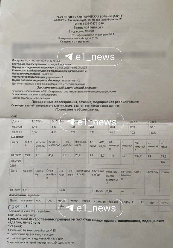 Вот справка одного из подростков — у девушки обнаружили норовирусную инфекцию | Источник: читательница E1.RU