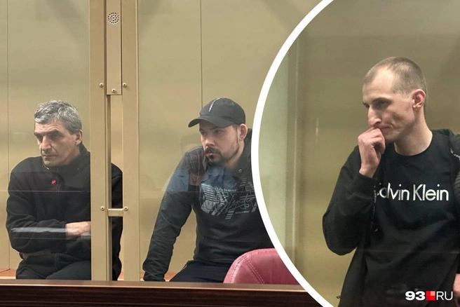 Татосян, Двойников и Кеворкьян на скамье подсудимых. Фото сделано в мае 2024 года | Источник: Валерия Дульская / 93.RU