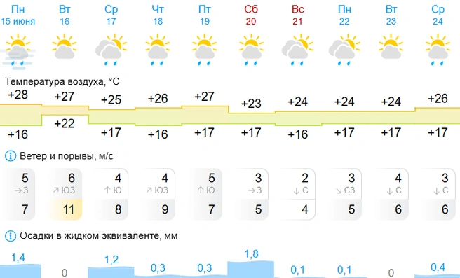Больше всего осадков выпадет 20 июня&nbsp;— целых 1,8 миллиметра | Источник: Gismeteo