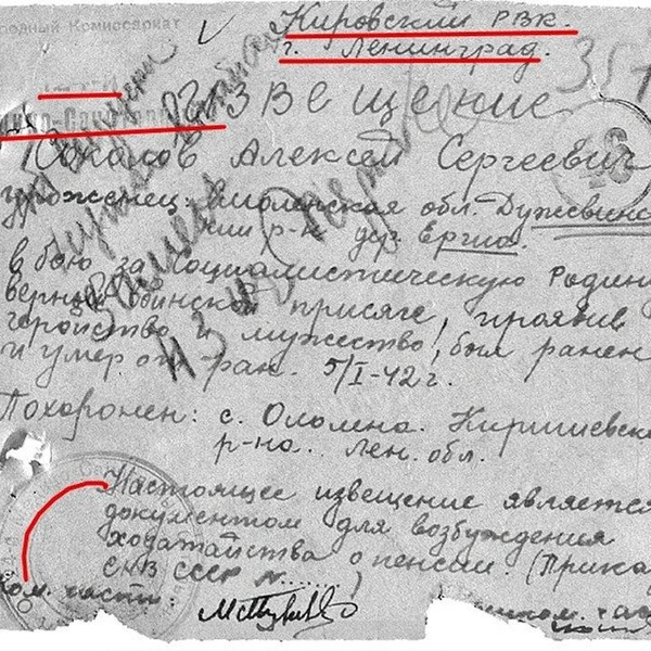 Извещение о смерти Алексея Соколова | Источник: Центральный архив Министерства Обороны