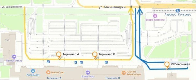 На этой карте указаны точки для посадки пассажиров на первой линии аэропорта, которая является ближайшей к терминалам | Источник: Пресс-служба Яндекс. Такси