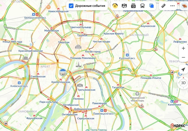 Участки, где возникли заторы обозначены красным и бордовым цветами | Источник: Яндекс. Карты 