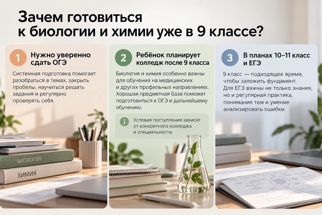 Если ребенок рассматривает биологию и химию как профильные предметы, ранний старт даёт время на фундамент и осознанный выбор | Источник: сгенерировано нейросетью